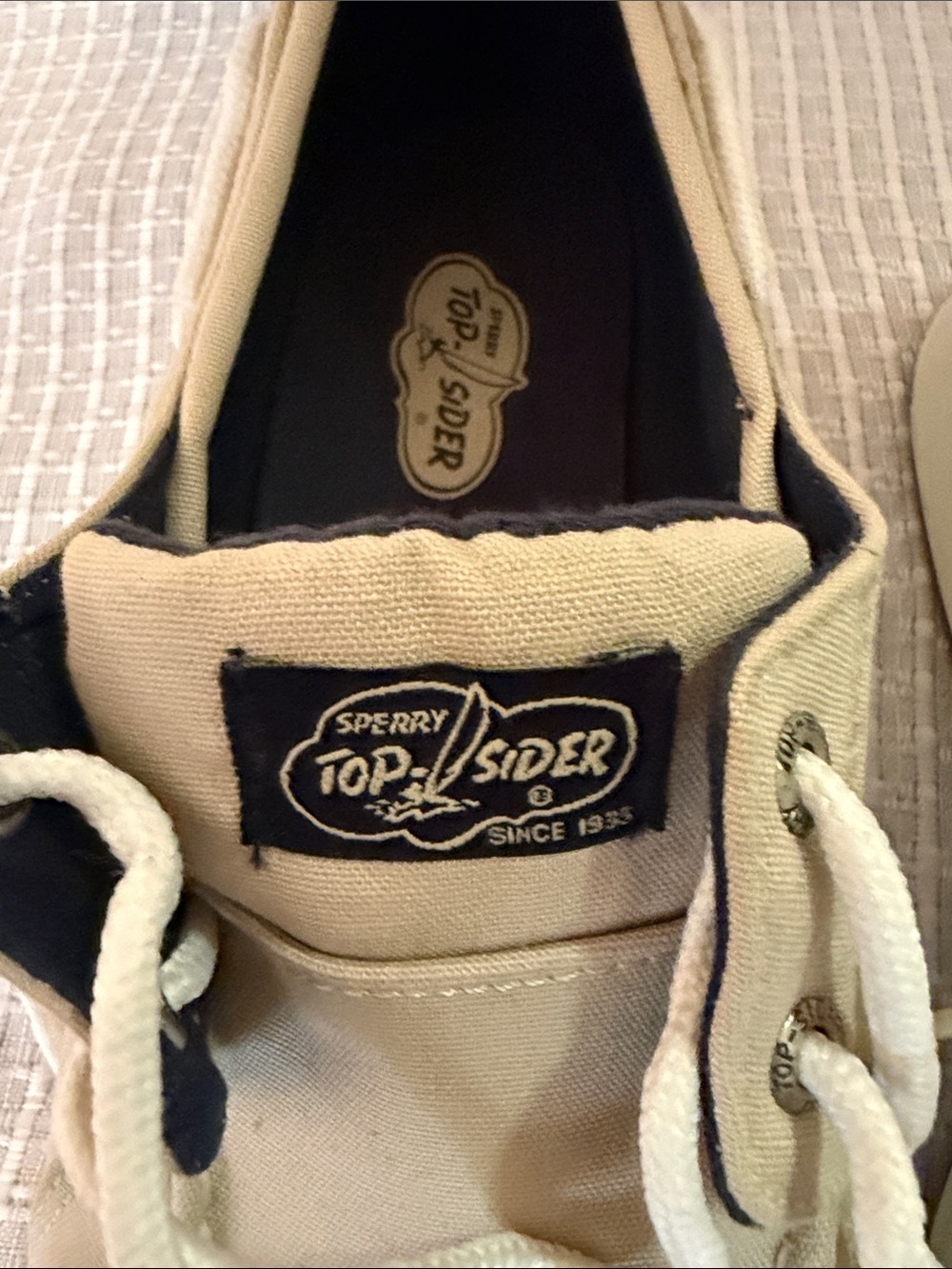 Sperry Beige Canvas Boat Shoes with White Laces - Picture 6 of 7